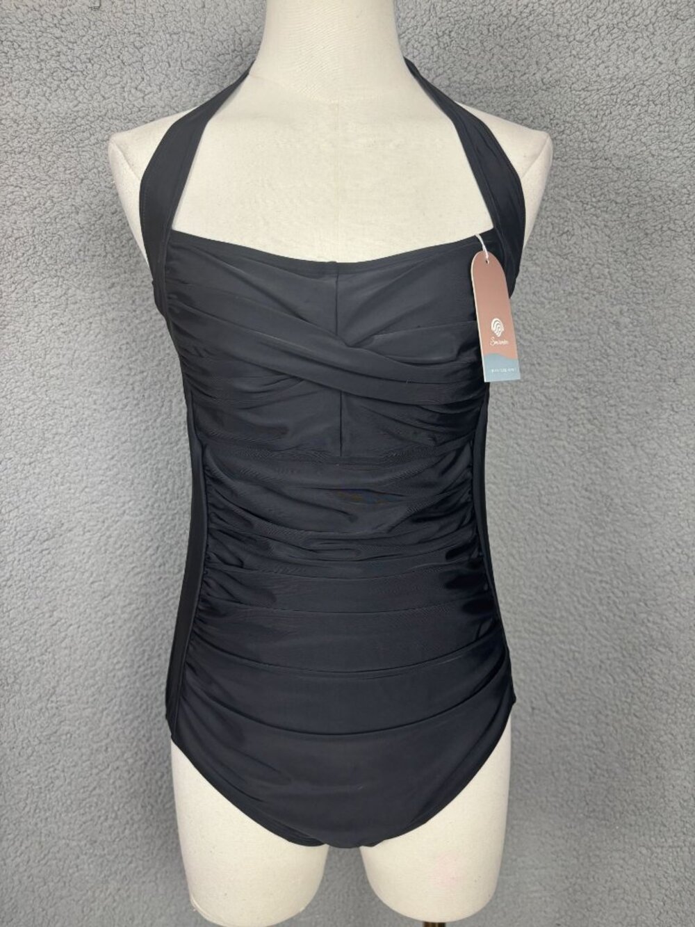 Smismivo Black Halter One-Piece Swimsuit Tummy Control & Ruched Design Med NWD